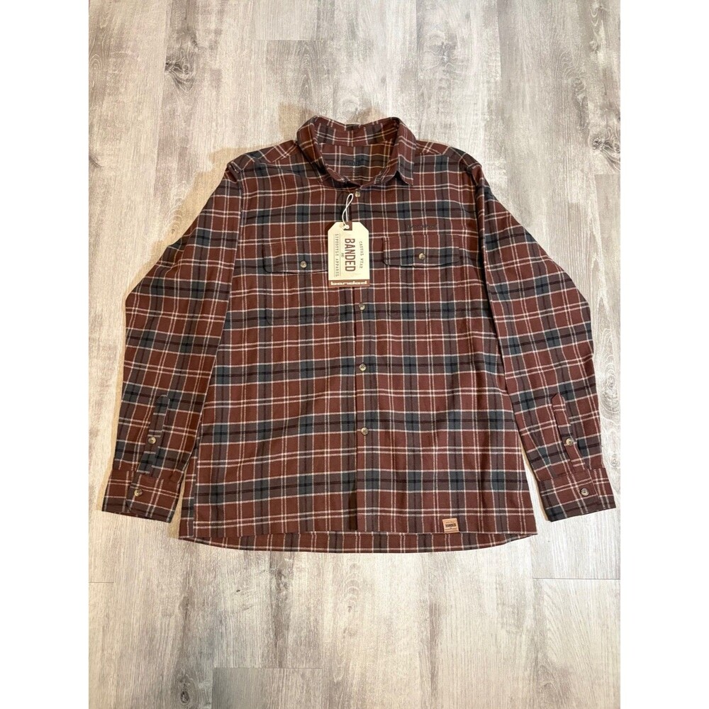 New With Tag BANDED Brown Plaid Casual Button Down Flannel Men's Shirt XL $74.99